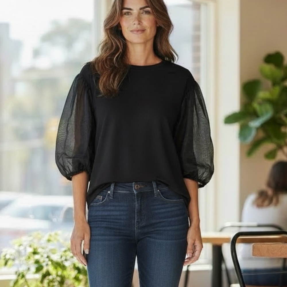 ❤️ Prologue Black Knit Sheer Balloon Sleeve Top